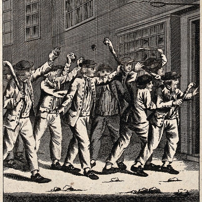18th century woodcut of a mob of men wielding clubs