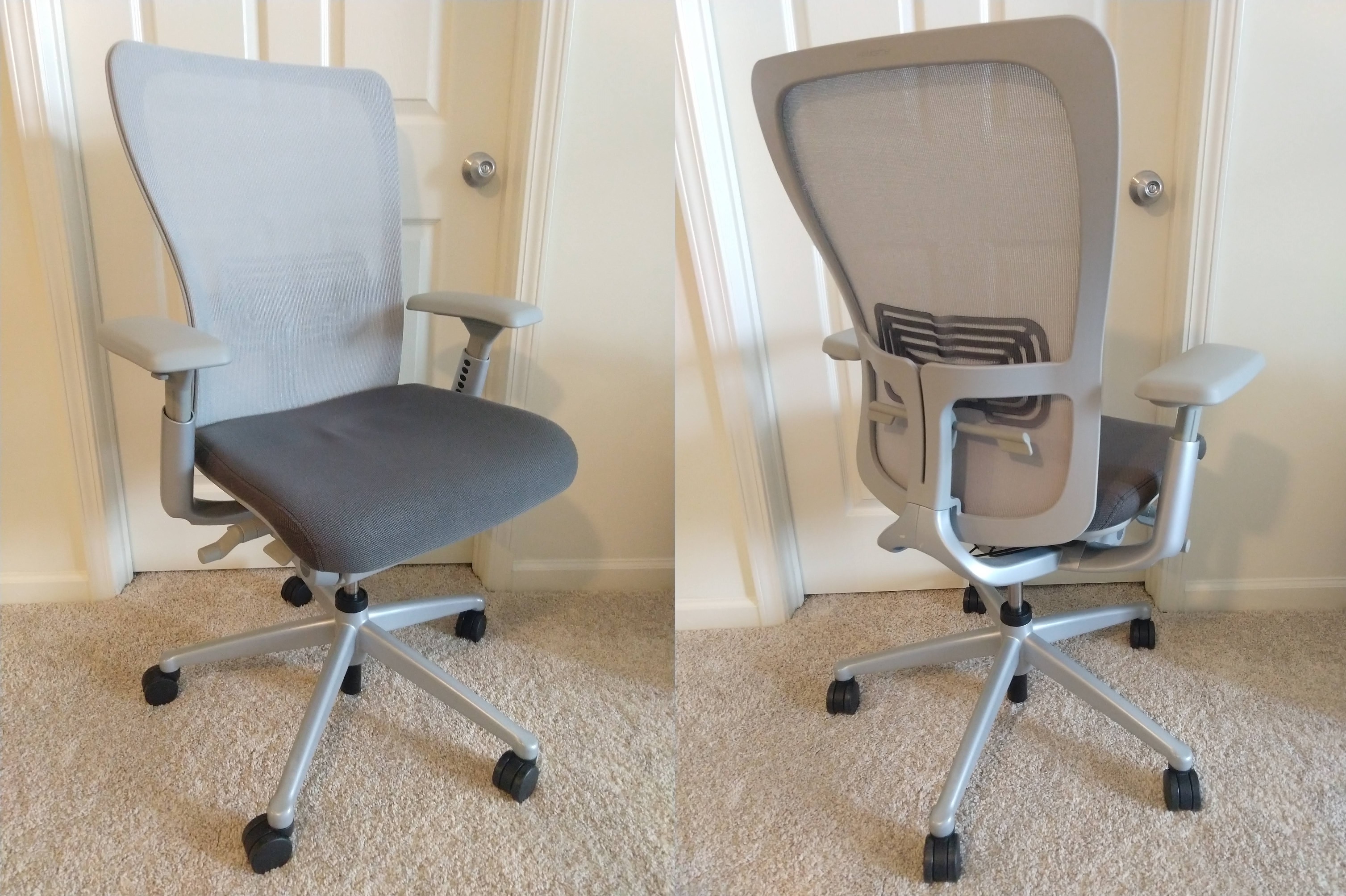Two photos of a grey computer chair from different angles.