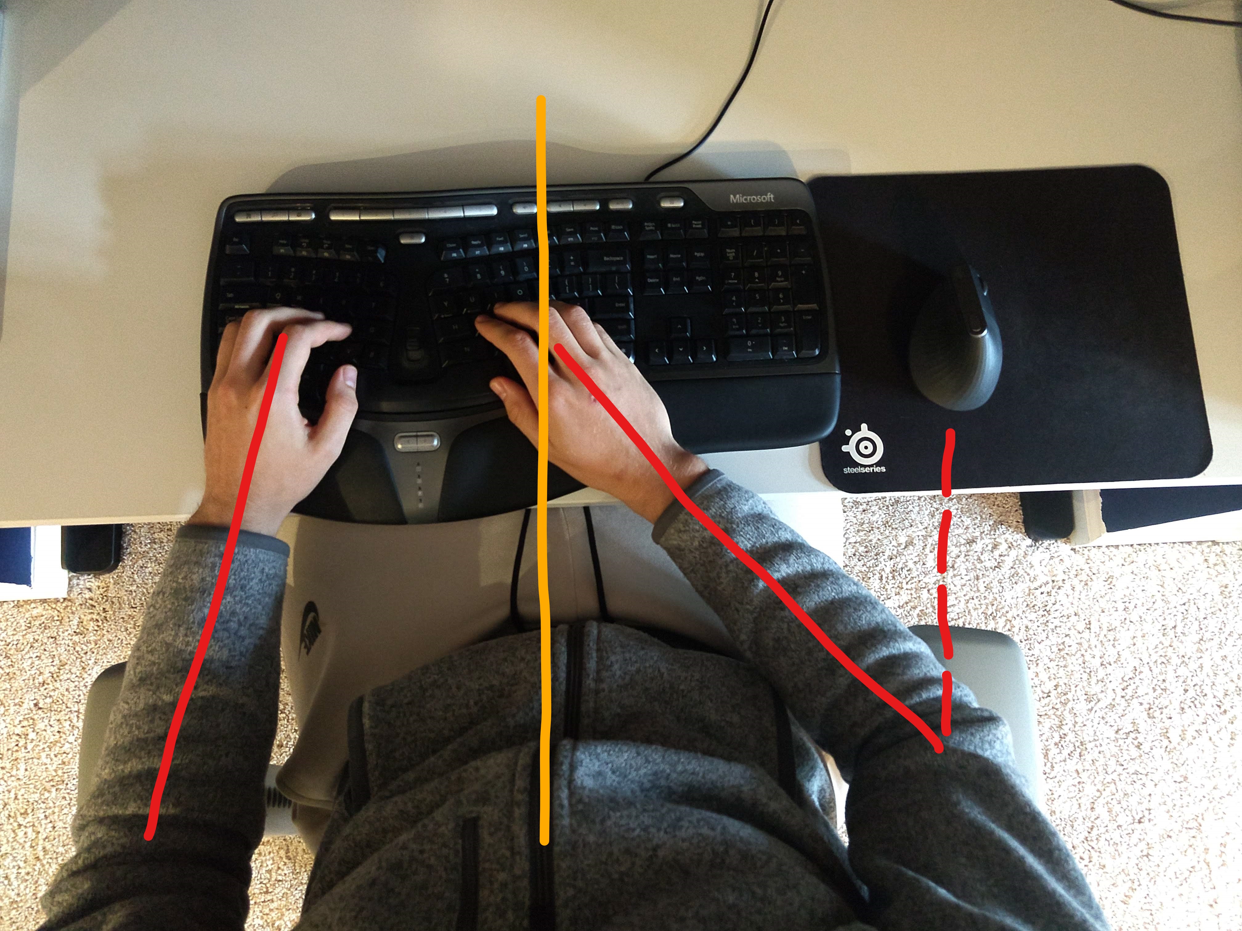 Overhead photo of my arm alignment while typing on the keyboard, with lines drawn showing how asymmetric my arm position is relative to the midline, and how far I have to swing my arm to reach the mouse.