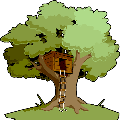 Cartoon drawing of a treehouse perched in a large tree.